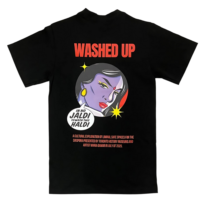 Black t-shirt with graphic design and text on a white background