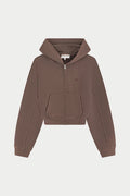WASHED ZIP THROUGH CROPPED HOODIE - CHOCOLATE