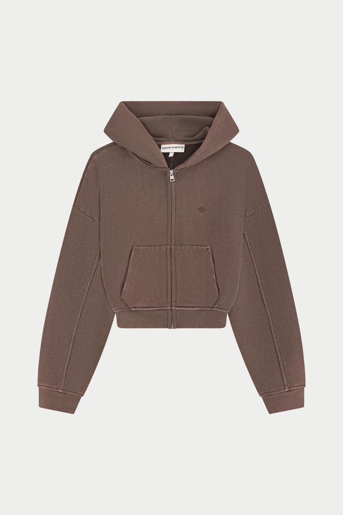 WASHED ZIP THROUGH CROPPED HOODIE - CHOCOLATE