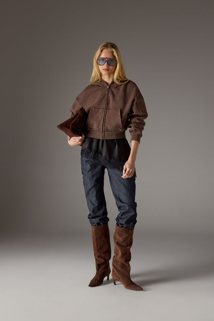 WASHED ZIP THROUGH CROPPED HOODIE - CHOCOLATE