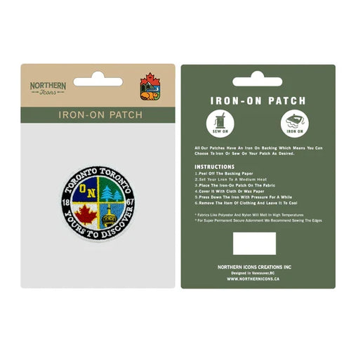 Iron-on patch packaging with instructions and brand information on a white background